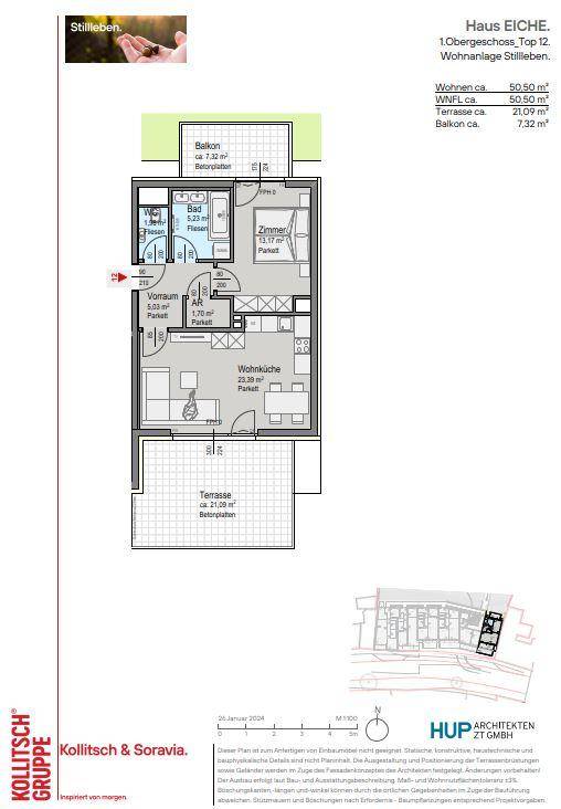 Grundriss einer Wohnung im Obergeschoss mit Balkon und Terrasse.