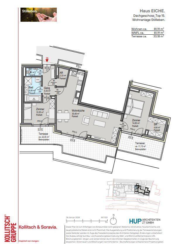 Grundriss der Dachgeschosswohnung Top 15 mit offenem Wohnbereich, zwei Schlafzimmern und zwei Terrassen.