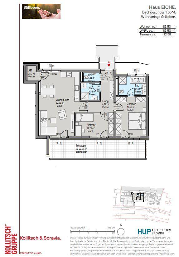 Grundriss der Wohnung Eiche im Dachgeschoss mit Terrasse und offenem Wohnbereich.