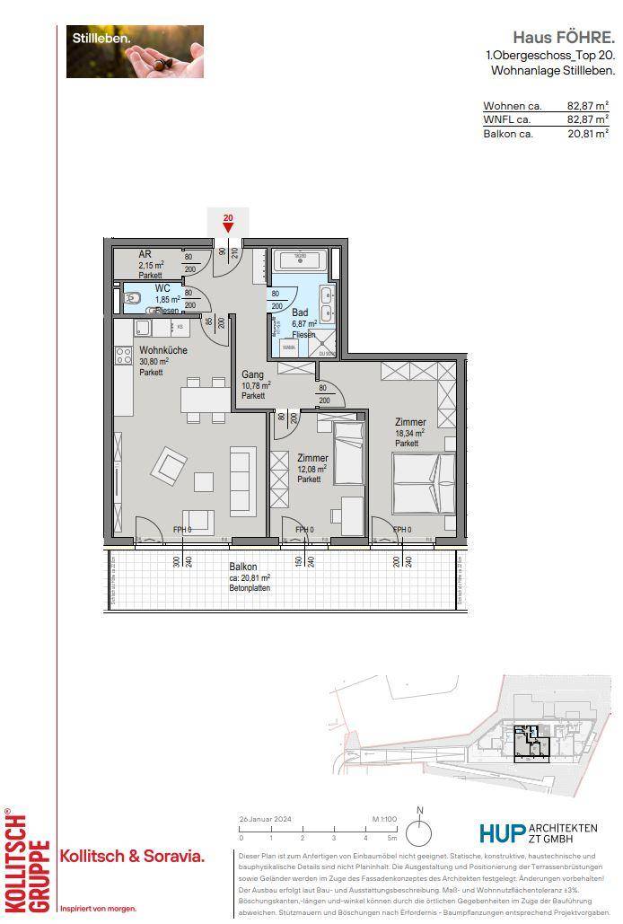 Grundriss der Wohnung Top 20 im Obergeschoss mit Wohnküche, zwei Zimmern und Balkon.
