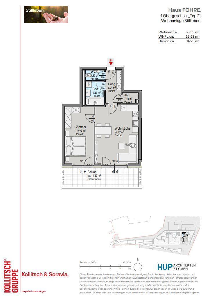 Grundriss einer 1-Zimmer-Wohnung im Obergeschoss mit Balkon und separatem WC.