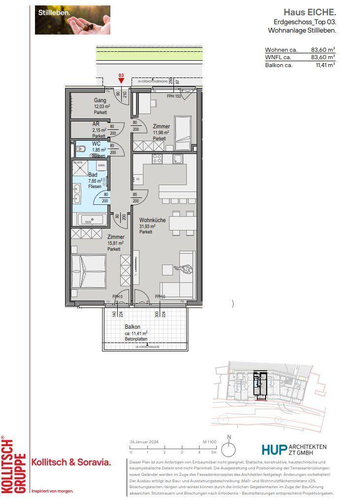 Grundriss der Erdgeschosswohnung Top 03 mit Wohnküche, Schlafzimmer, Bad und Balkon.