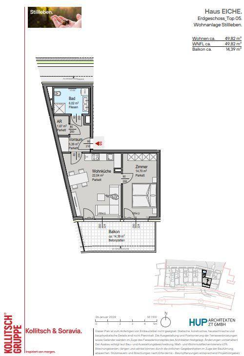 Grundriss der Wohnung Eiche, Top 05, mit Wohnküche, Schlafzimmer und Balkon.