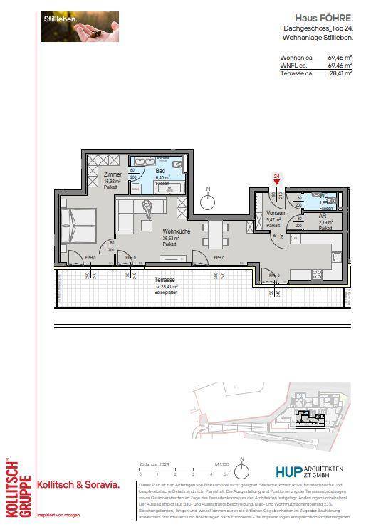 Grundriss der Dachgeschosswohnung Top 24 mit Wohnküche, Schlafzimmer und großer Terrasse.
