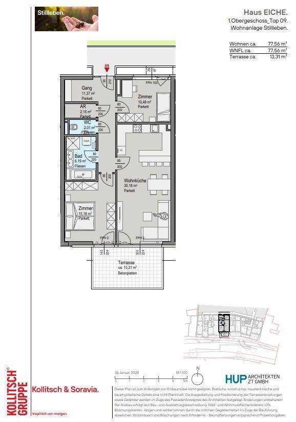 Grundriss der Wohnung Eiche, Top 09, mit Terrasse und effizienter Raumaufteilung.