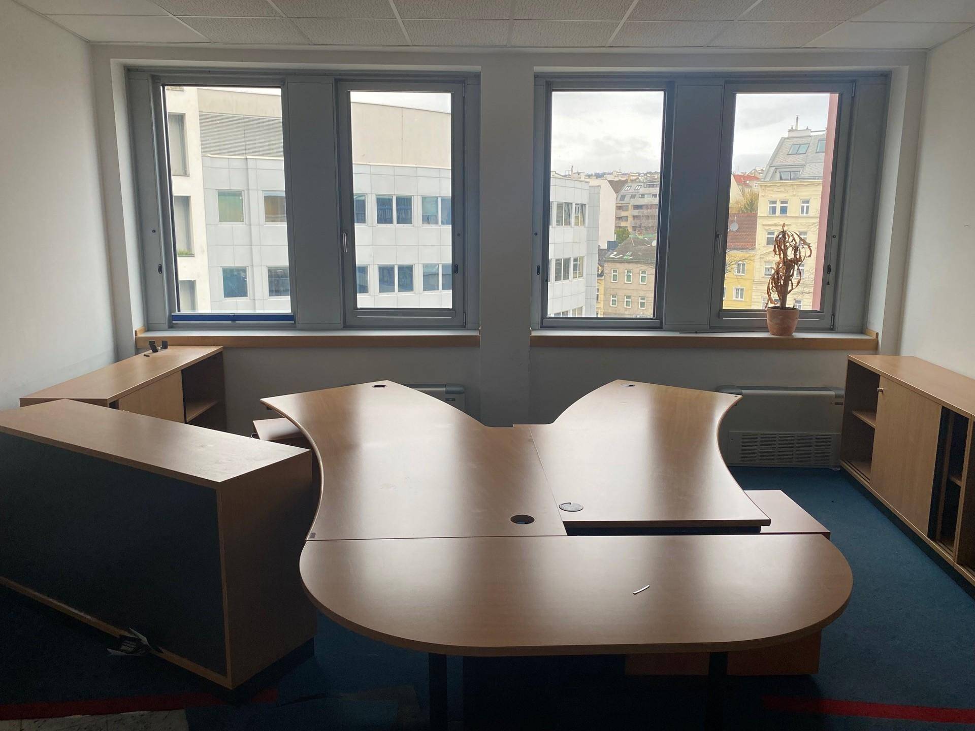 Büro mit blauem Teppichboden und einigen Holzmöbeln, darunter ein großer, geschwungener Schreibtisch.