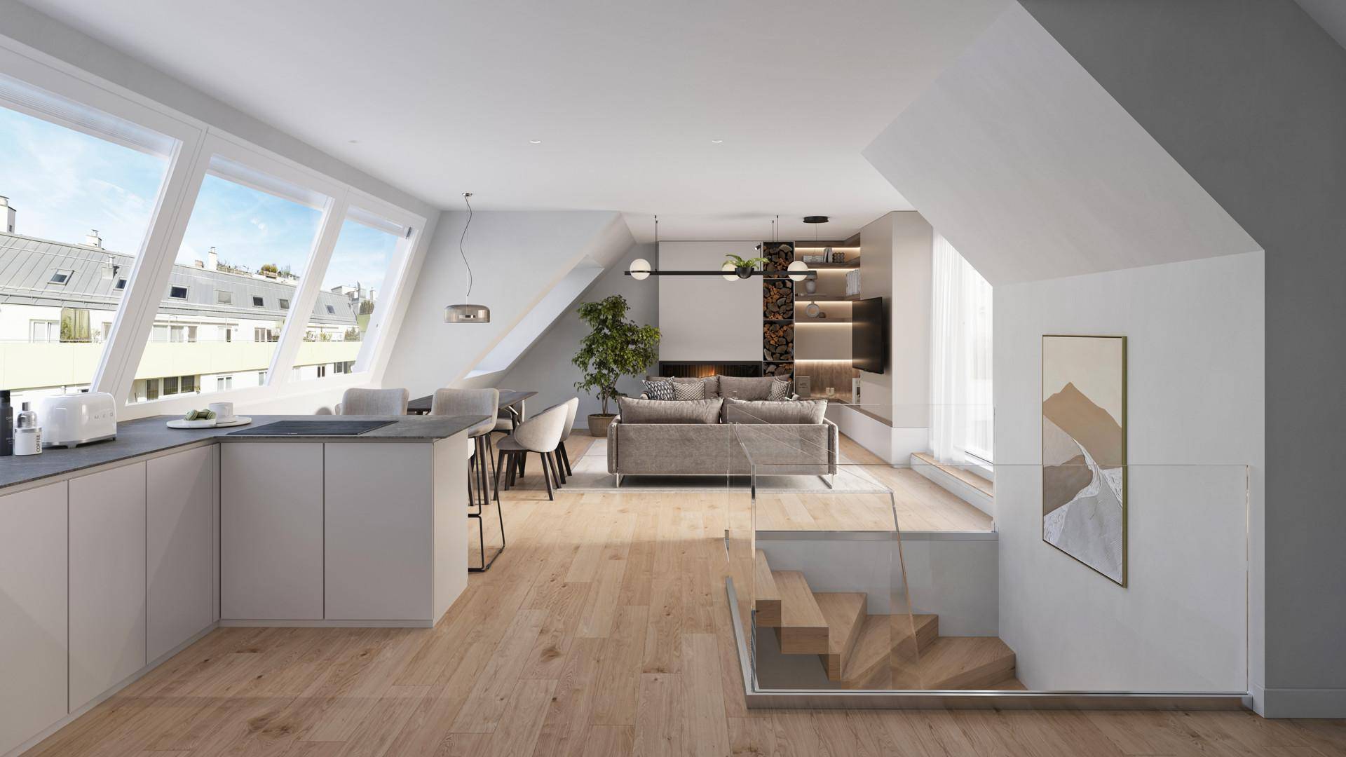 Modernes Dachgeschoss-Apartment mit offener Küche, Wohnbereich und Dachschrägen.