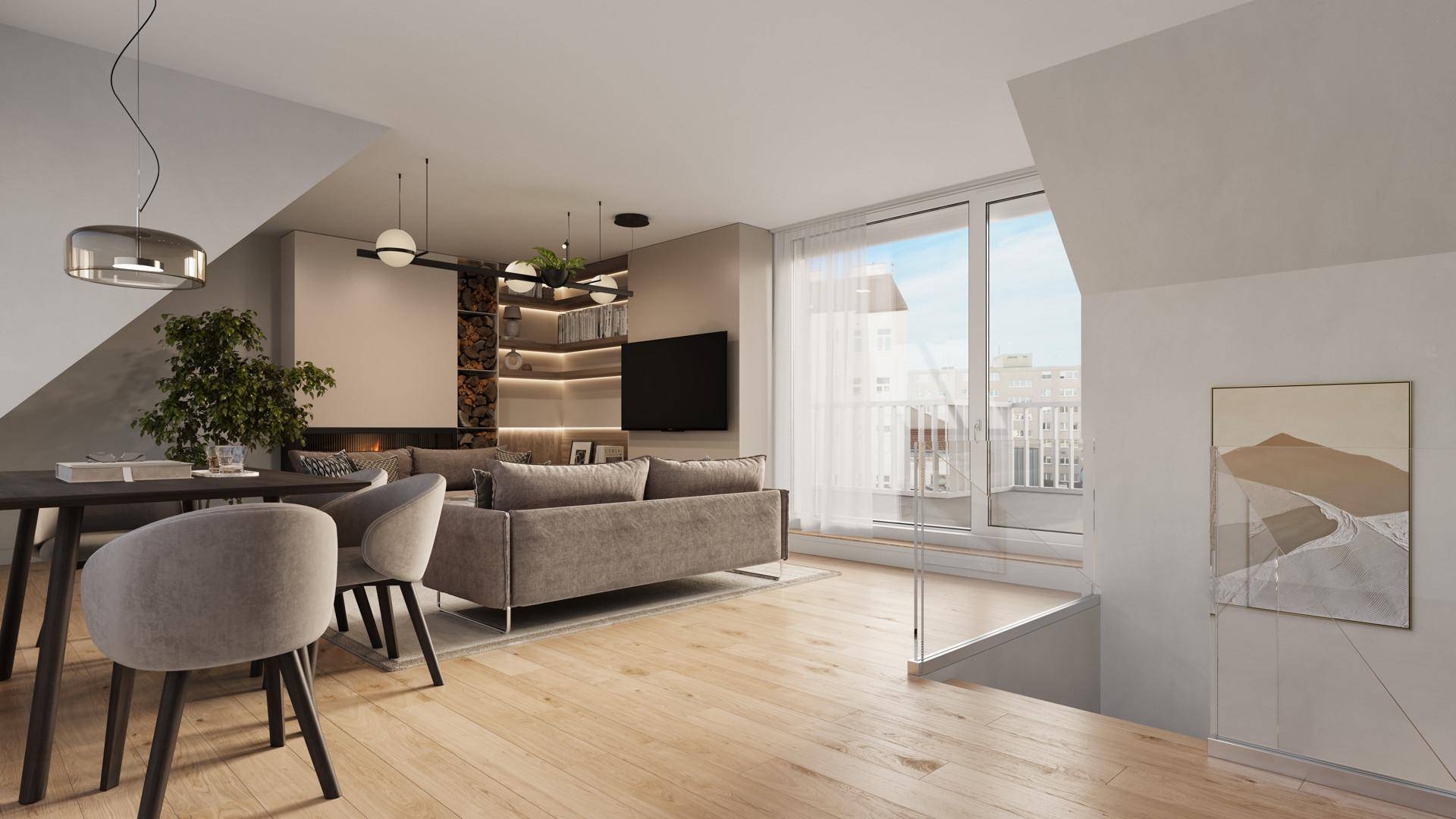 Gemütlicher Wohn- und Essbereich in einem modernen Dachgeschoss-Apartment mit Zugang zum Balkon.