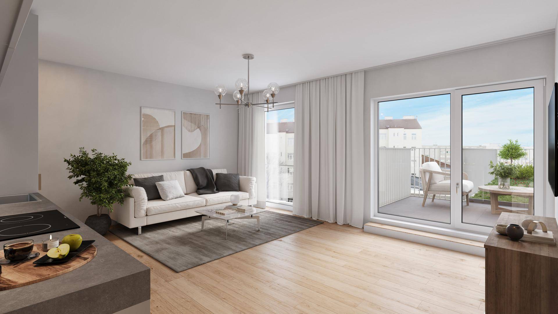 Heller Wohnbereich mit Zugang zu einem kleinen Balkon und moderner Einrichtung.