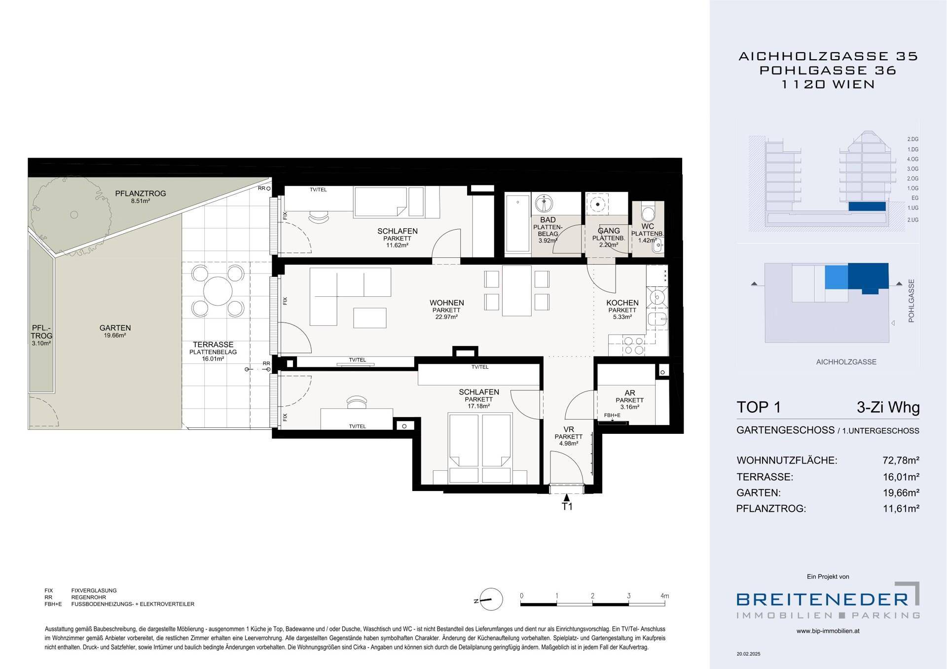 Grundriss einer 3-Zimmer-Wohnung mit Terrasse und Garten im Erdgeschoss.