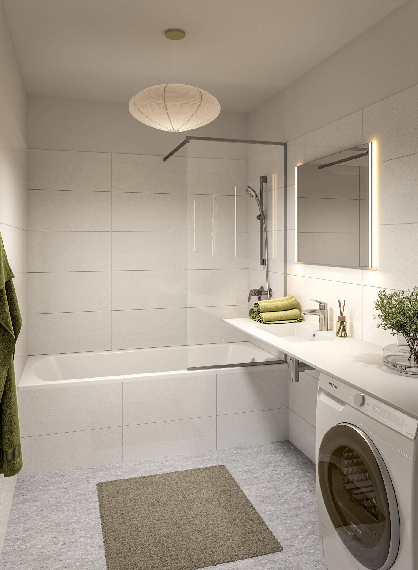 Modernes Badezimmer mit Badewanne, Duschwand, Waschmaschine und beleuchtetem Spiegel.