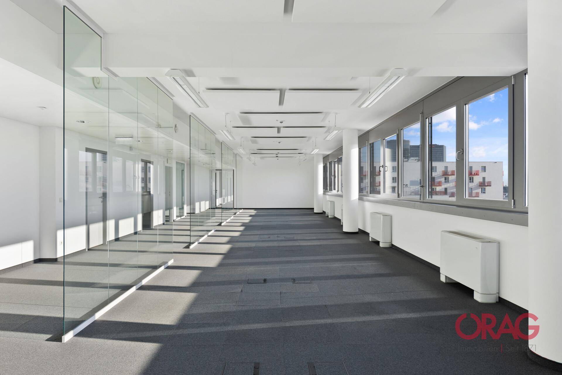 Geräumiges, modernes Büro mit Glaswänden, Teppichboden und großen Fenstern, die viel Tageslicht hereinlassen.