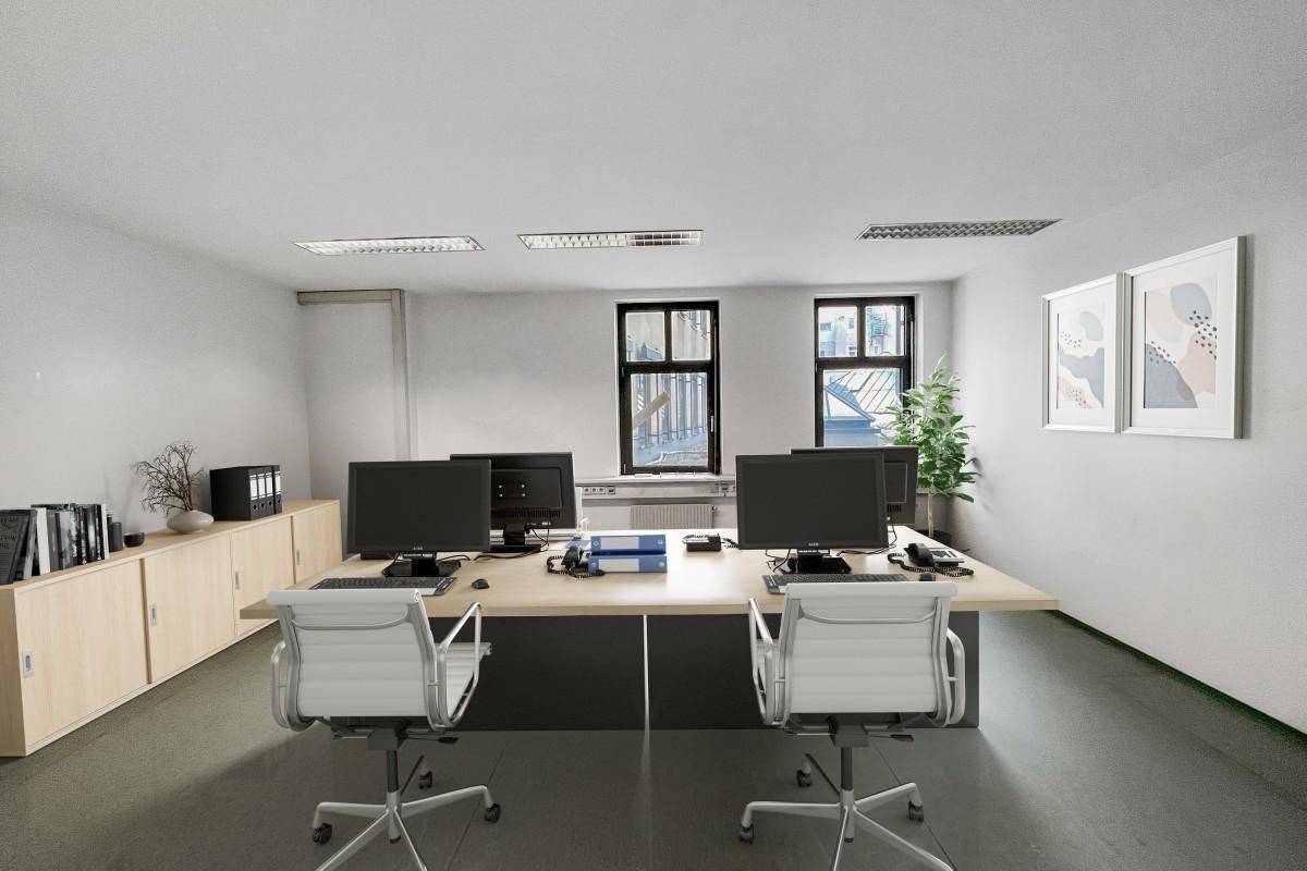 Helles Büro mit zwei Arbeitsplätzen, Holzschränken und Blick auf die Stadt durch die Fenster.