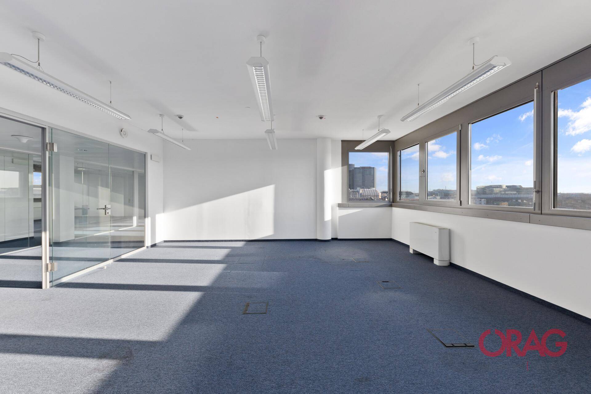 Helles Eckbüro mit blauer Teppichauslage, großen Fenstern und Blick auf die Stadt.
