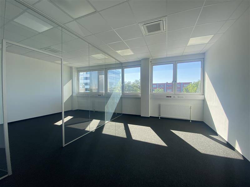 Großes Büro mit Glaswänden, Teppichboden und weitem Blick durch die Fenster.