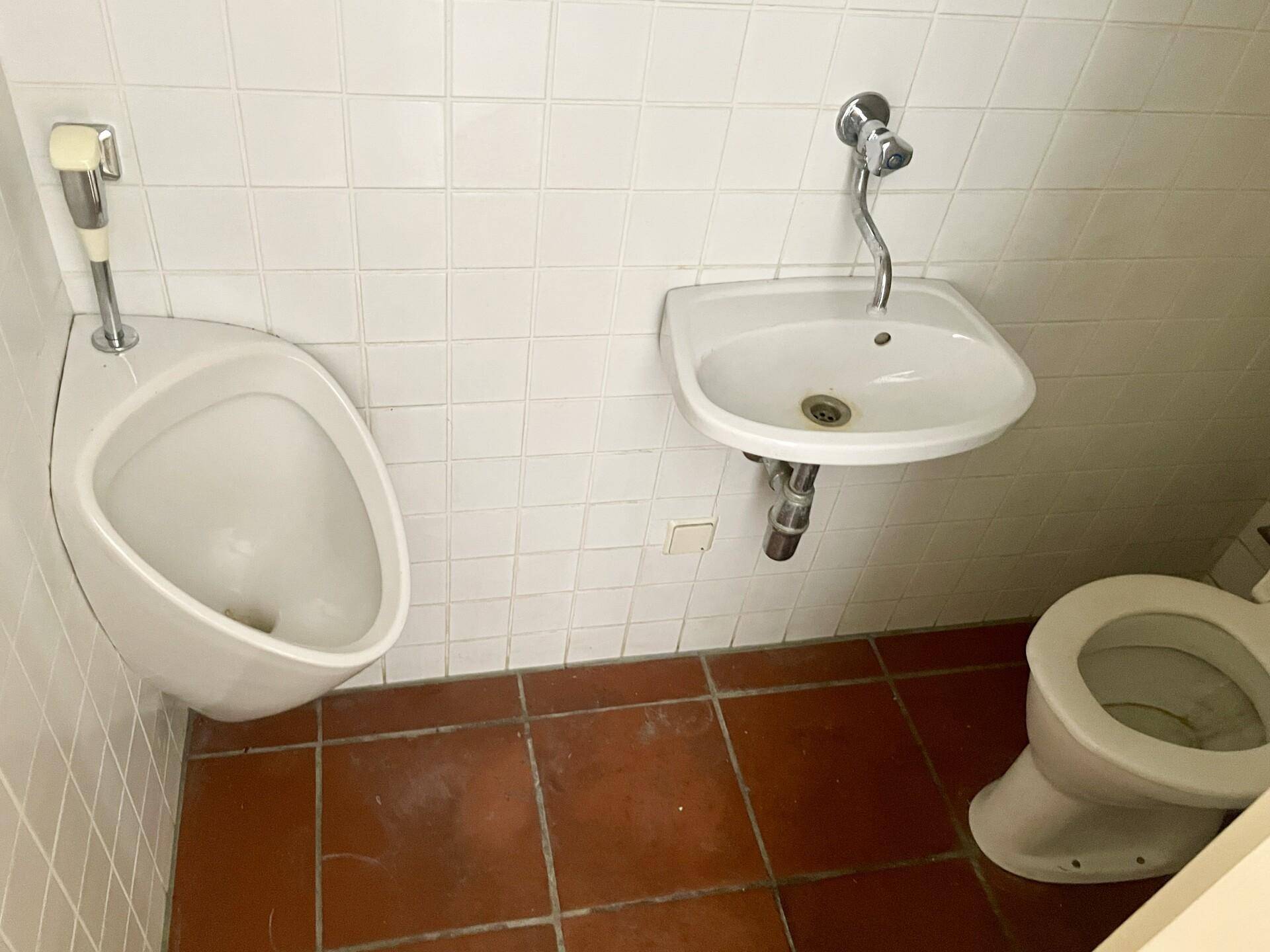 Kleine Toilette mit Urinal, Waschbecken und weißen Fliesen, ausgestattet mit Terrakottafliesen.