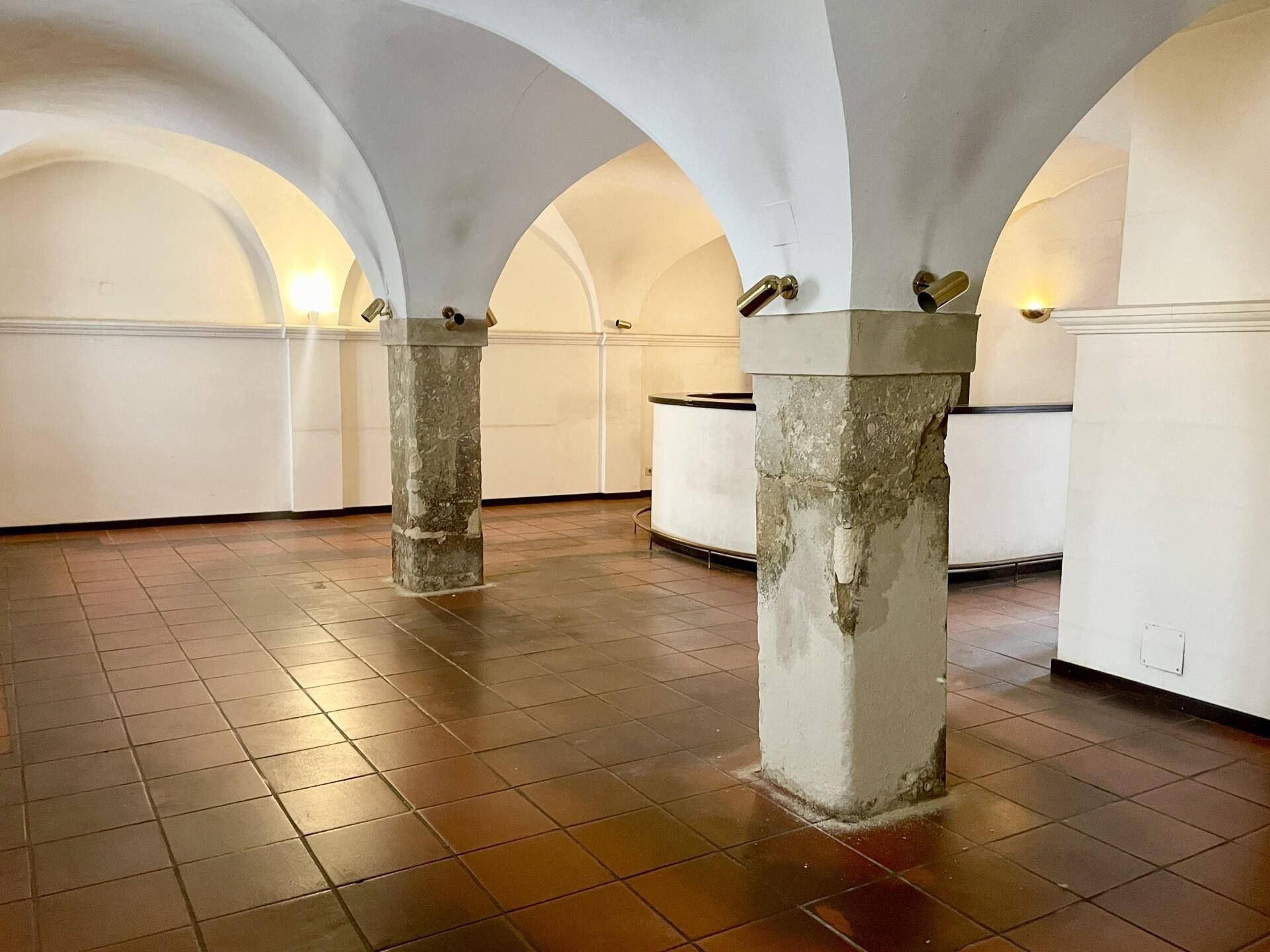 Großer Raum mit Gewölbedecken, Steinsäulen und Terrakottafliesen, ideal für gewerbliche Nutzung.