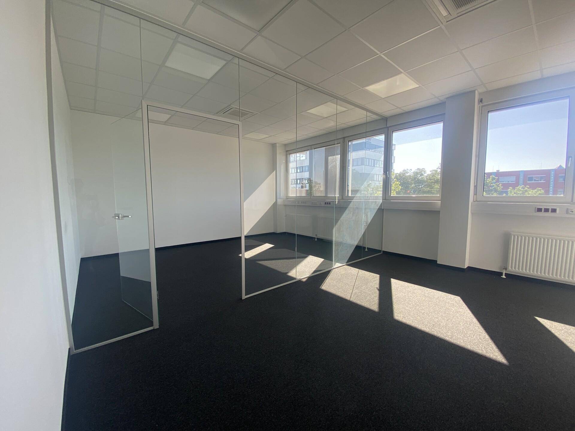 Geräumiges Büro mit großen Fenstern, dunklem Teppichboden und einer eleganten Glasabtrennung mit Tür.