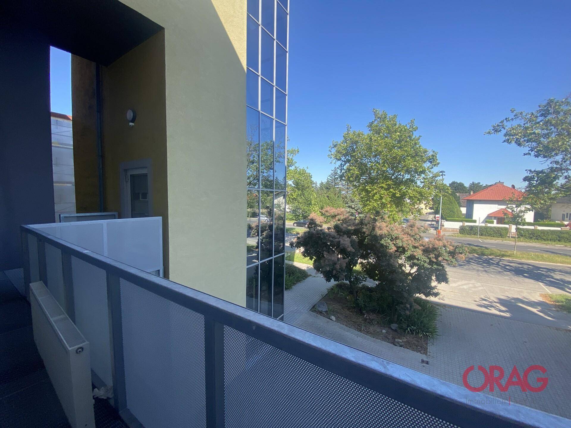 Blick von einem Balkon auf eine grüne Straße mit Bäumen und einem modernen Gebäude mit Glasfassade.