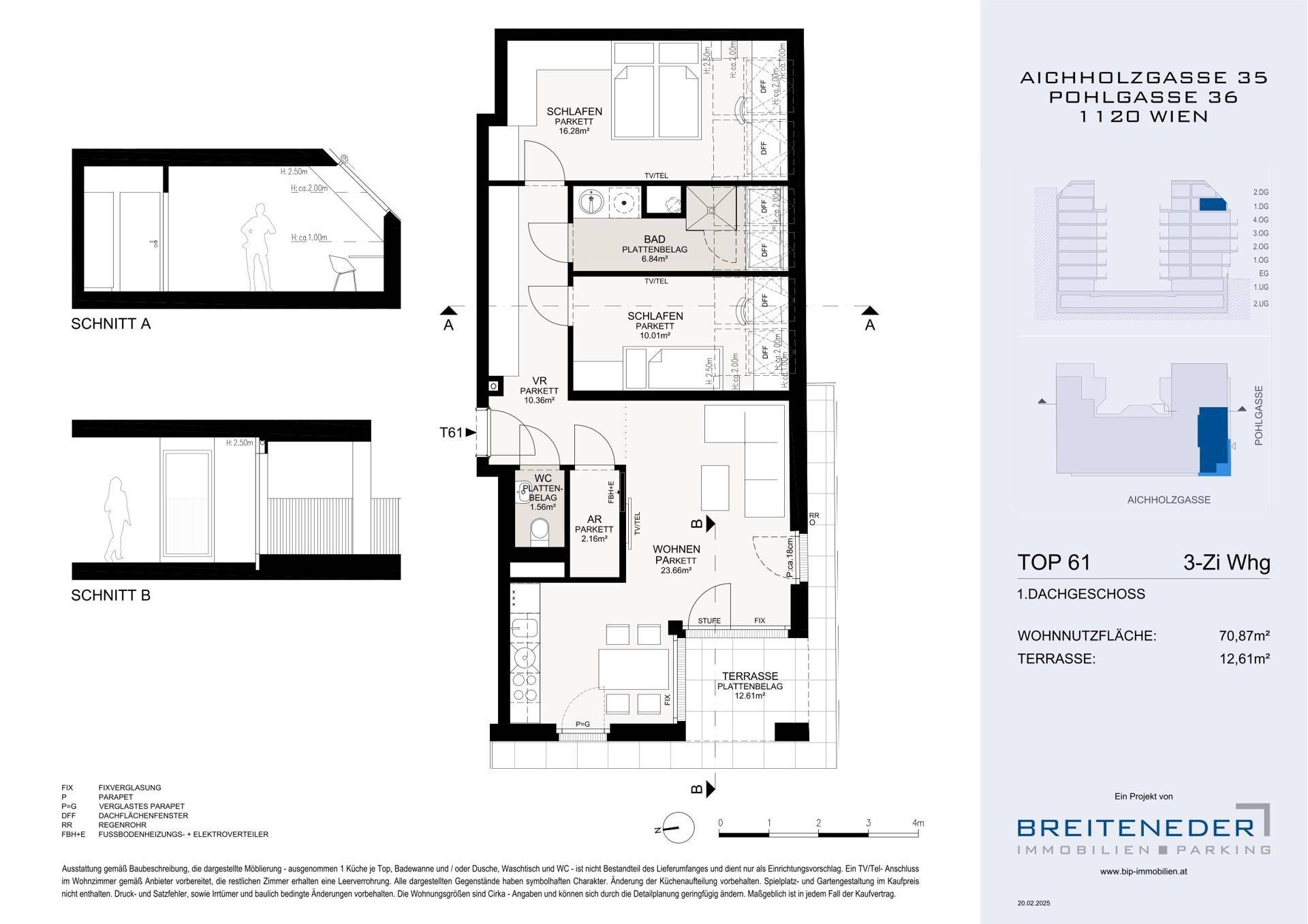 Grundriss einer 3-Zimmer-Wohnung mit Terrasse und zwei Schlafzimmern.