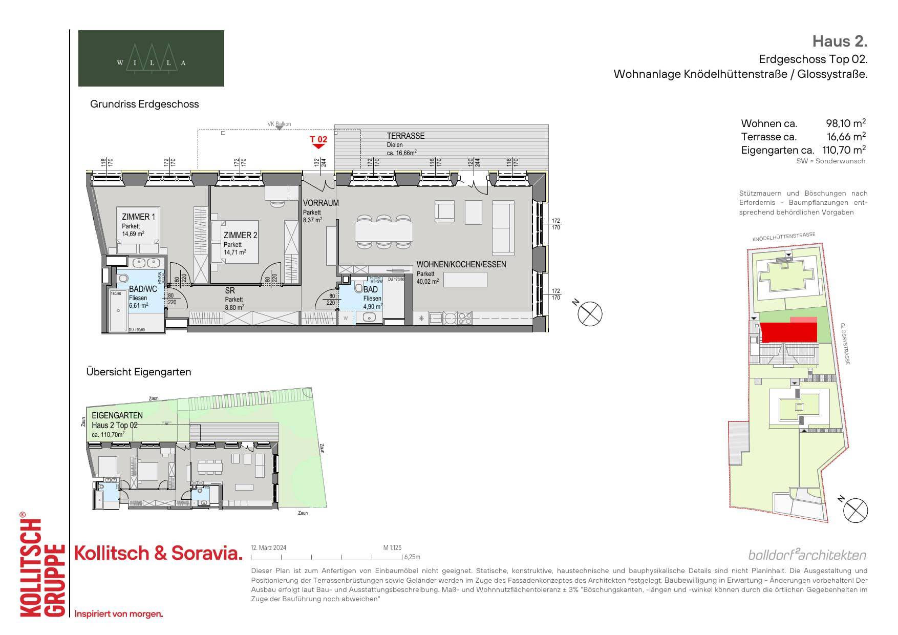 Grundriss des Erdgeschosses von Haus 2 mit Wohnküche, zwei Zimmern, Bad und großer Terrasse.