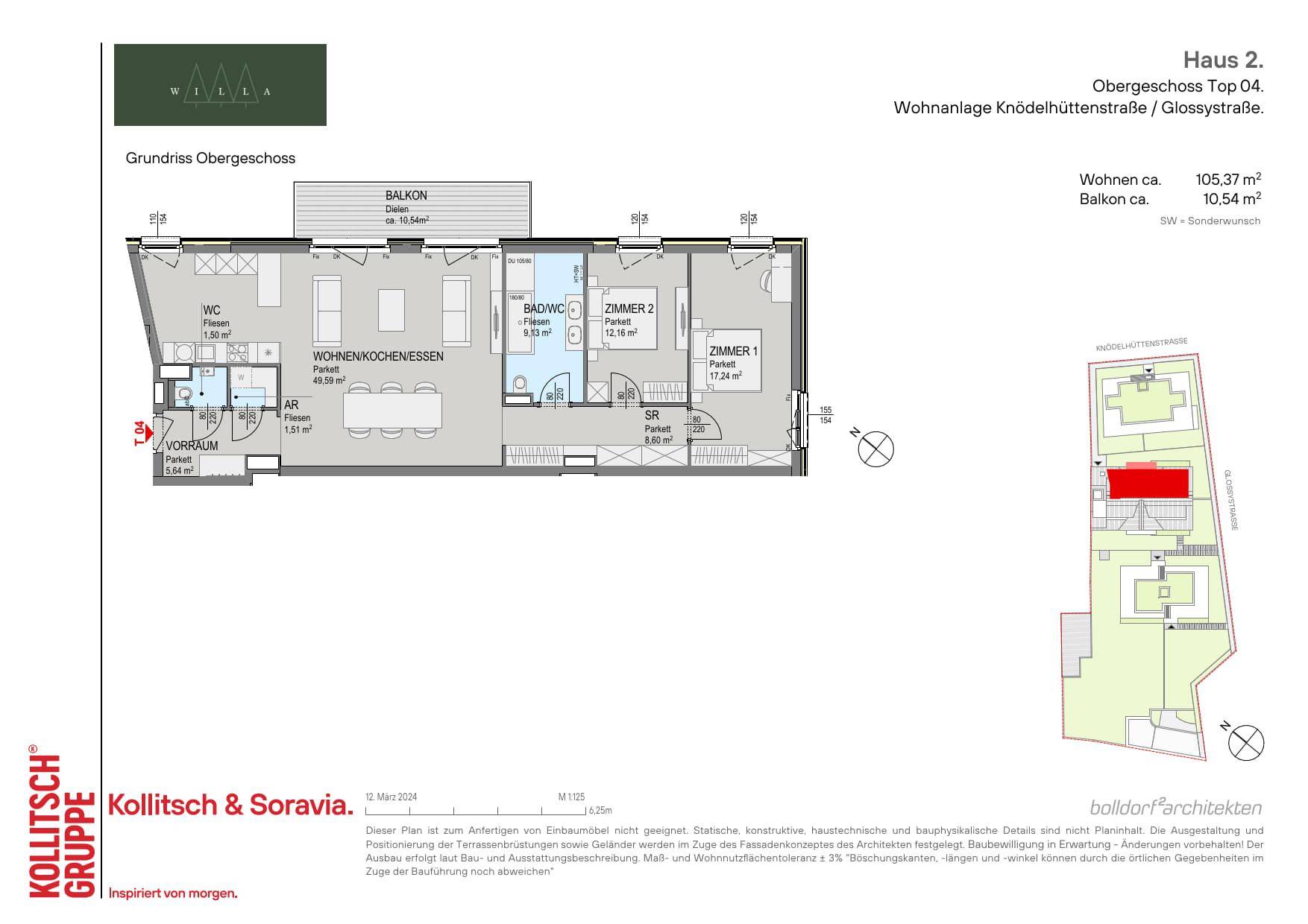 Grundriss des Obergeschosses mit Wohnküche, zwei Zimmern und Balkon.