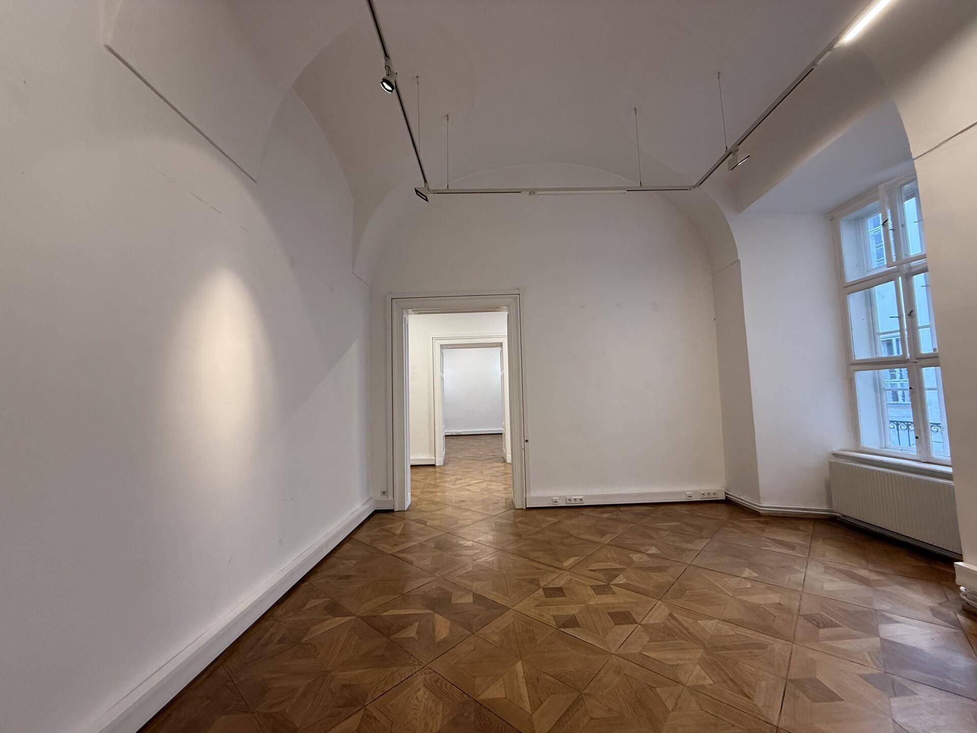 Großer leerer Raum mit Parkettboden, gewölbter Decke und hohen Fenstern.