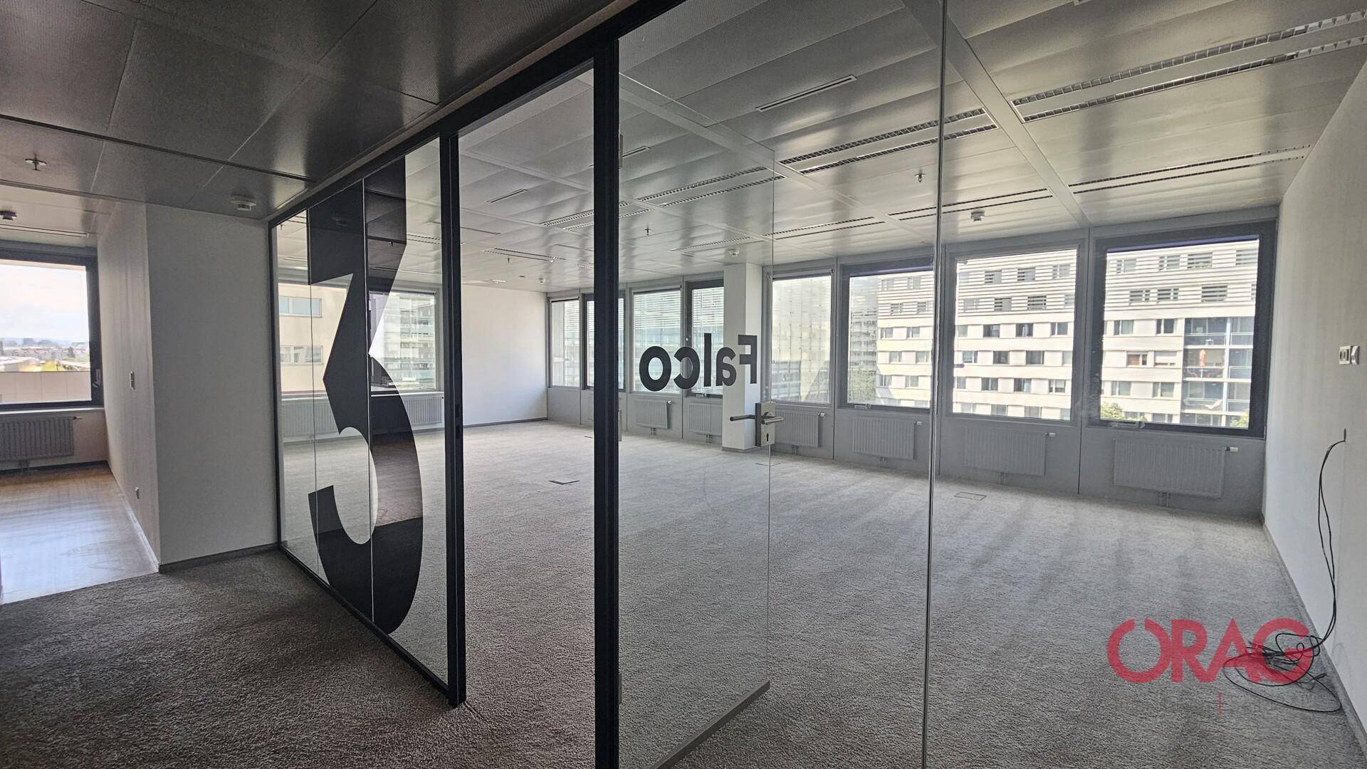 Helles Büro mit großen Fenstern, Teppichboden und Glaswänden, die den Raum strukturieren.