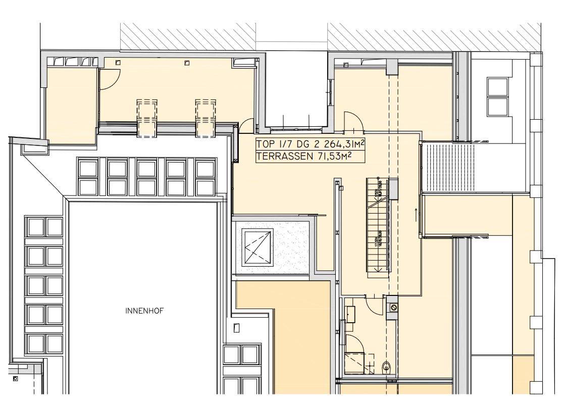 Grundriss des Dachgeschosses mit Terrassen und Innenhof, zeigt die Raumaufteilung.