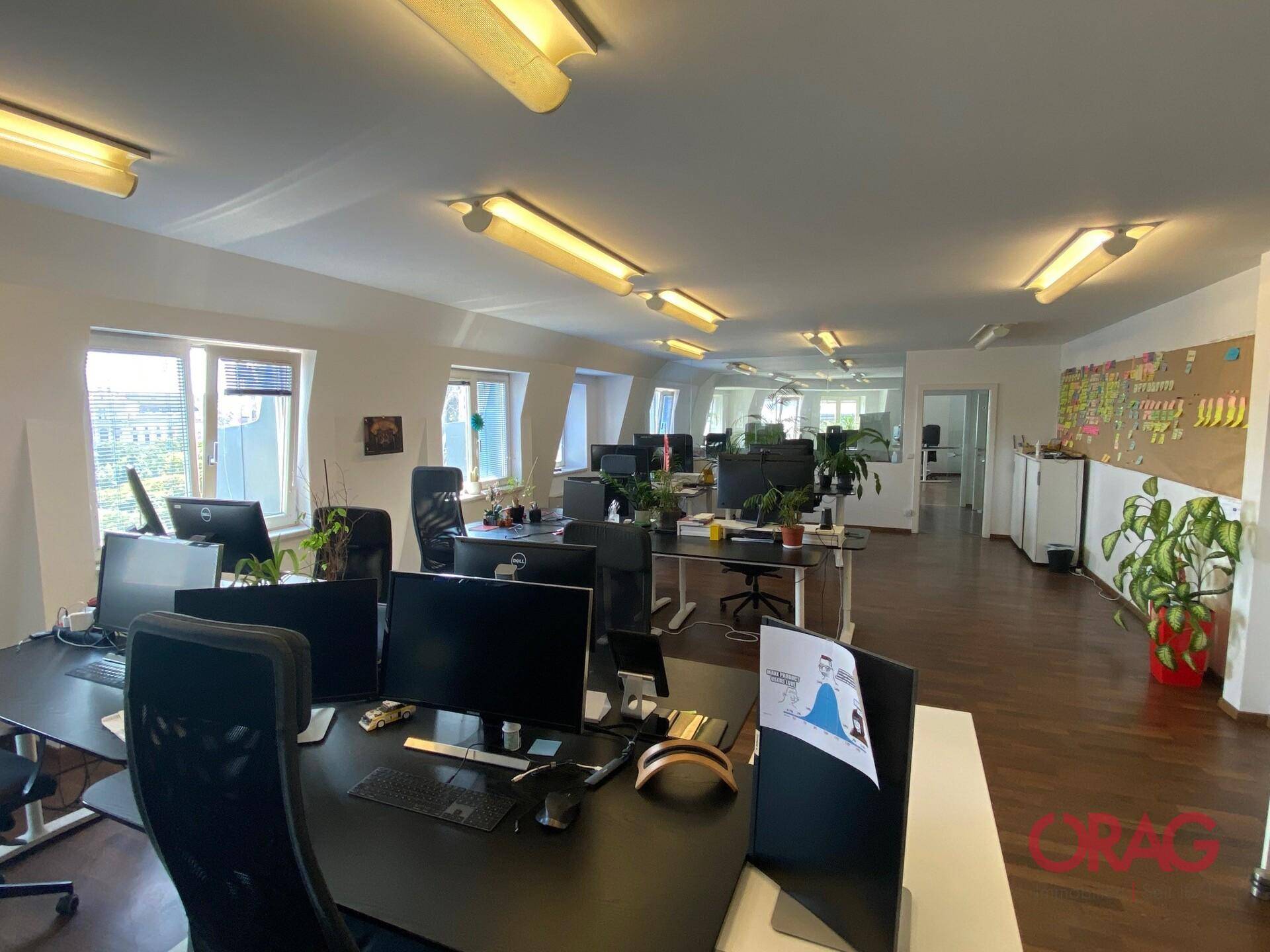 Großes, offenes Büro mit mehreren Arbeitsplätzen, Holzfußboden und natürlichem Lichteinfall durch Fenster.