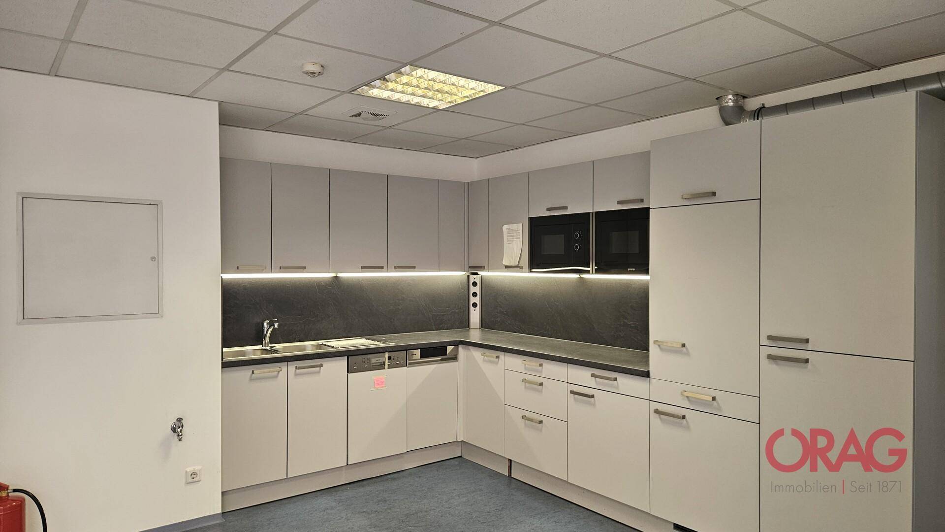 Moderne Einbauküche mit grauen Schränken, Spülmaschine und Mikrowelle.