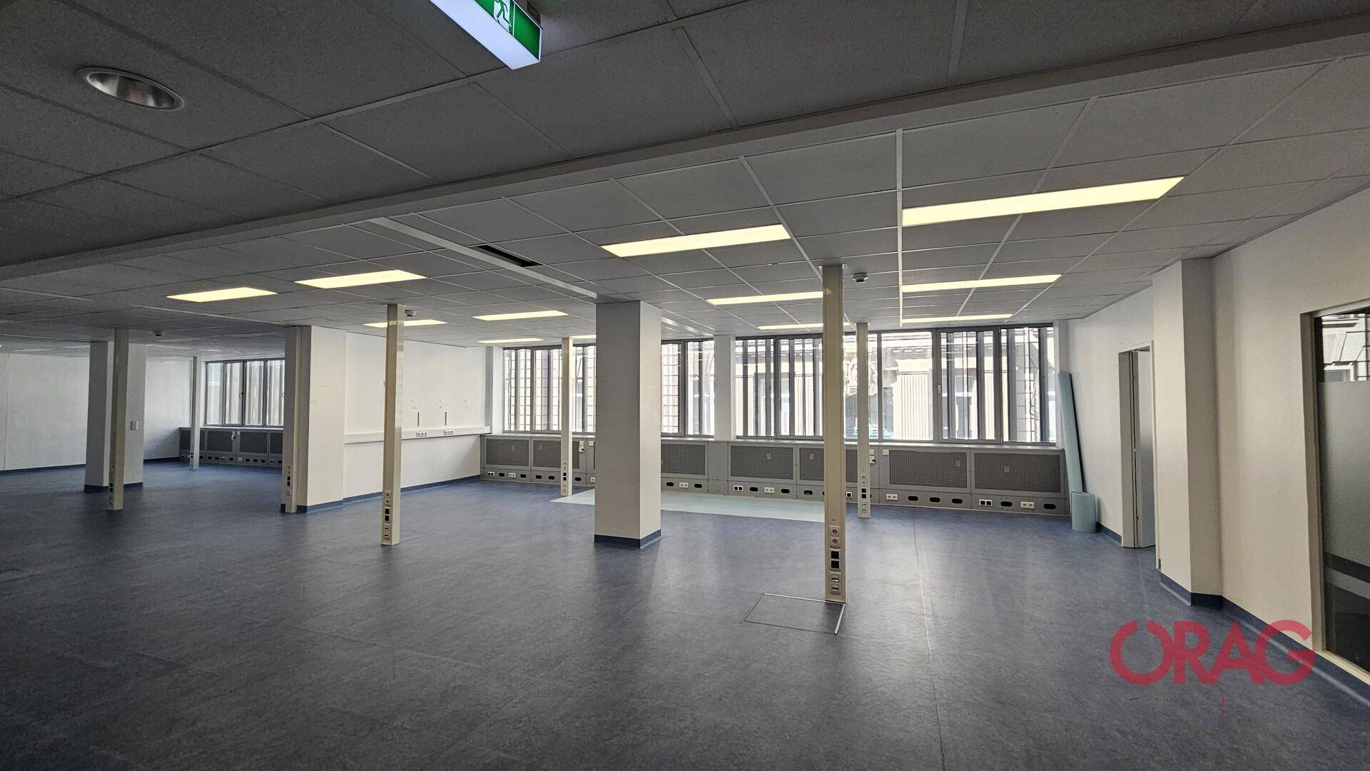Großer, offener Bürobereich mit vielen Fenstern, Säulen und Vinylboden.