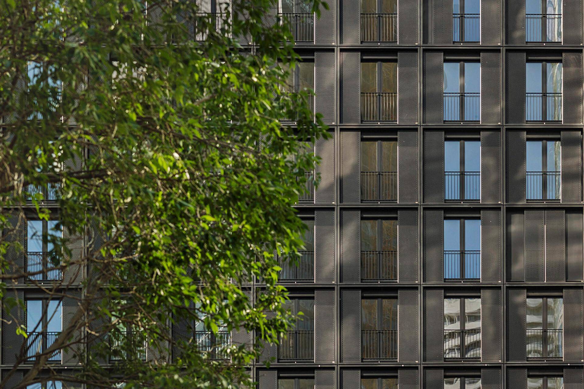 Fassadendetail des modernen Gebäudes mit Fenstern und einem grünen Baum im Vordergrund.