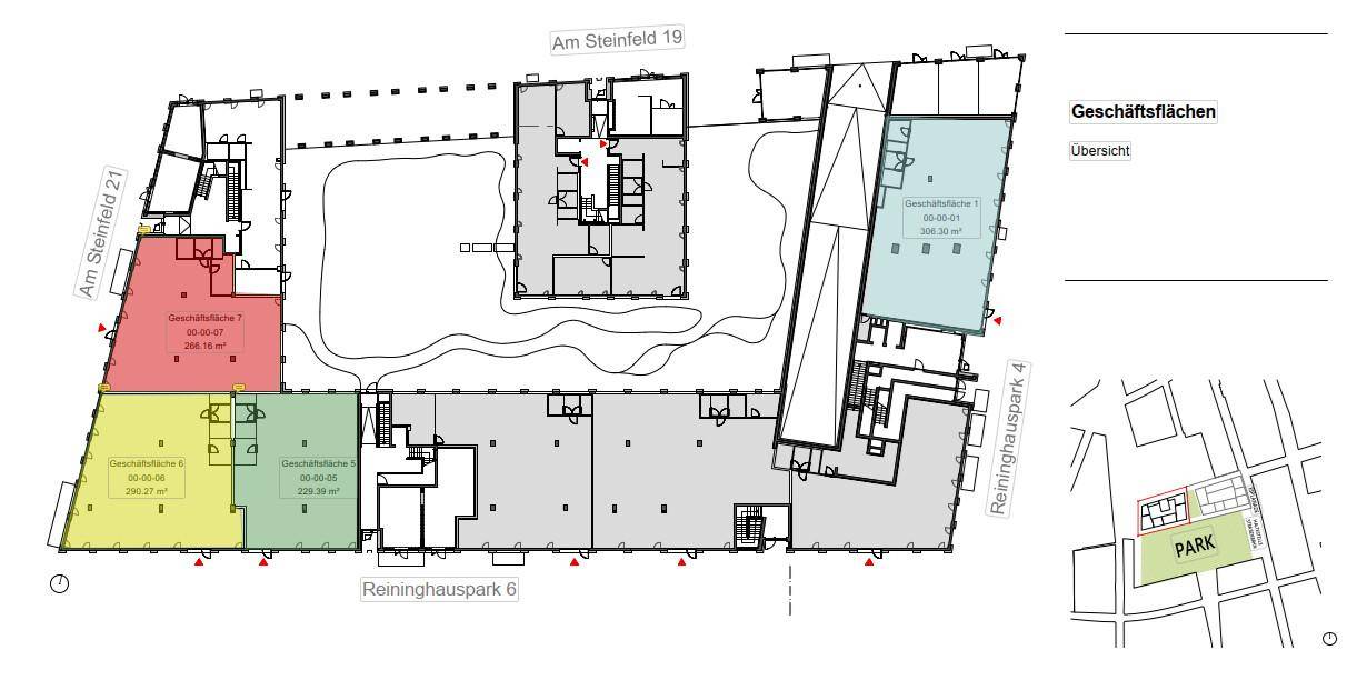 Grundrissplan mit verschiedenen farblich markierten Geschäftsflächen und einer Übersichtskarte.