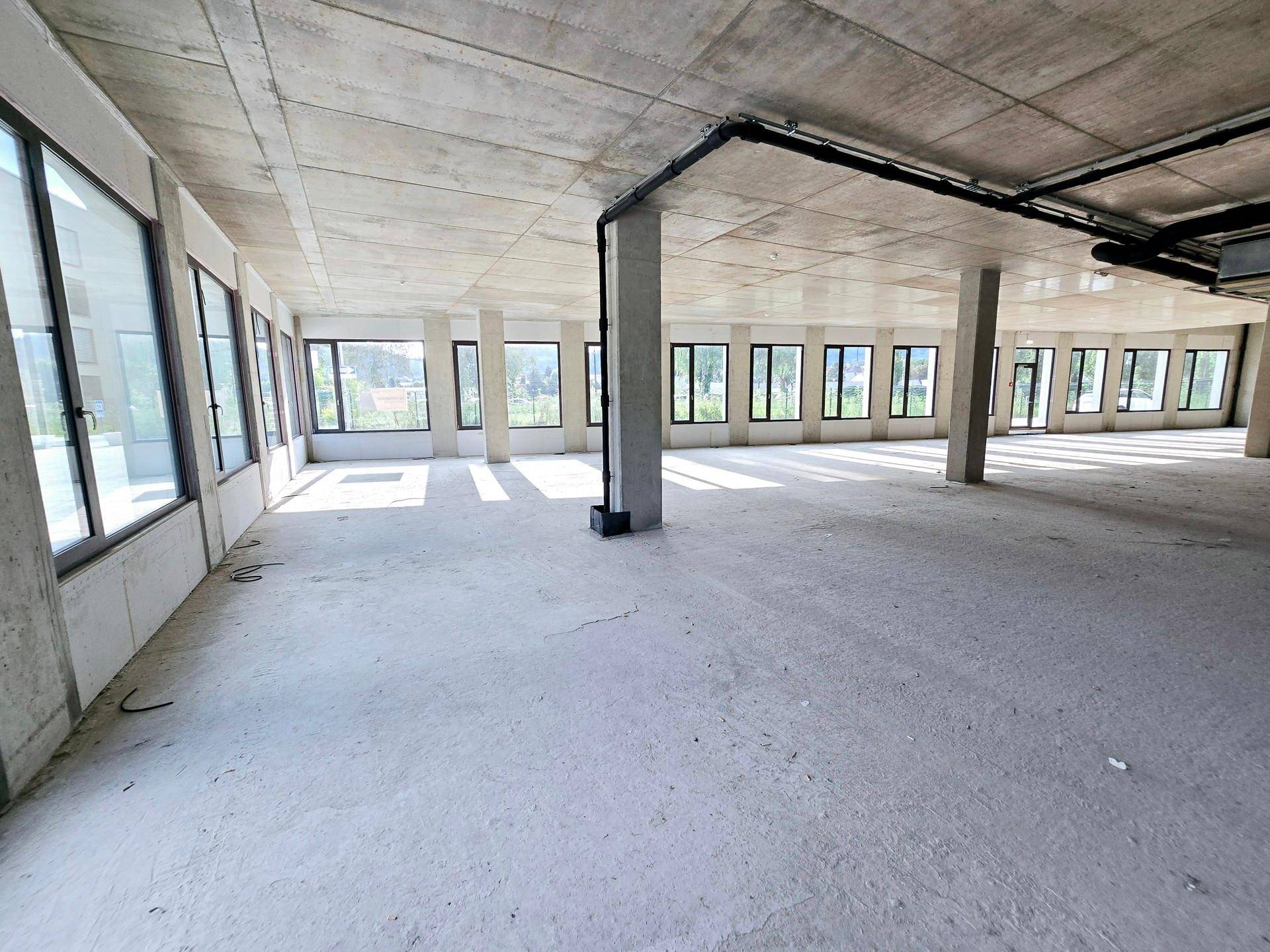Großer, leerer Gewerberaum im Rohbau mit Betonboden und vielen Fenstern, die viel Tageslicht hereinlassen.