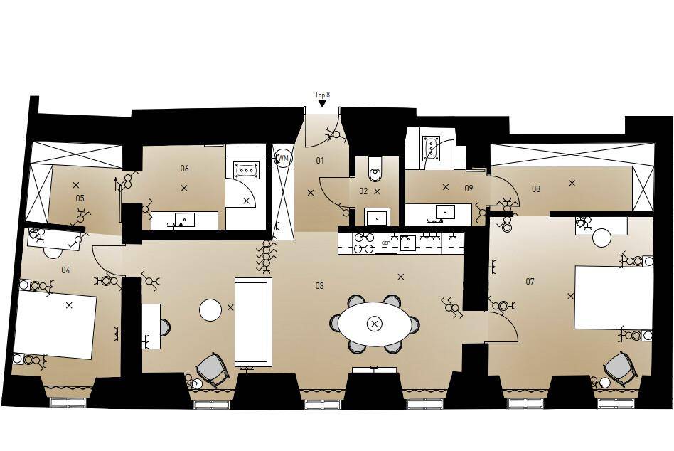Detaillierter Grundriss einer Wohnung mit mehreren Zimmern und Bädern.