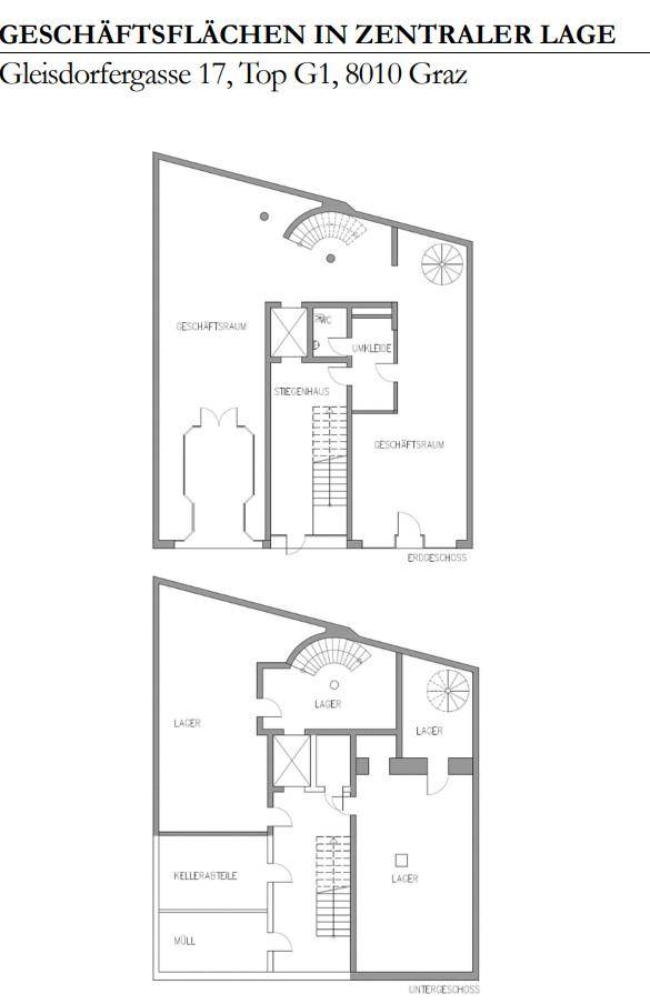 Grundrisspläne für zwei Ebenen eines Geschäftshauses, Erdgeschoss und Untergeschoss, mit Lagerbereichen und Treppenhaus.