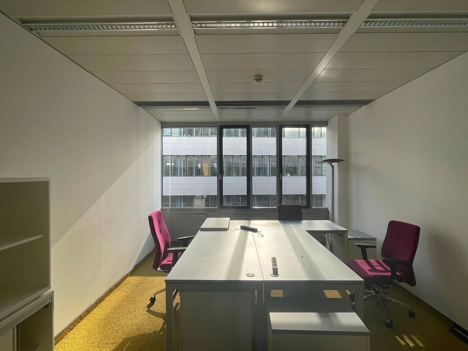 Einzelbüro mit großen Fenstern, gelbem Teppichboden und zwei Arbeitsplätzen mit lila Stühlen und viel Tageslicht.