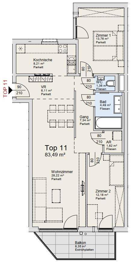 Detaillierter Grundriss der Wohnung Top 11 mit 83,49 m², inklusive Balkon und separater Kochnische.