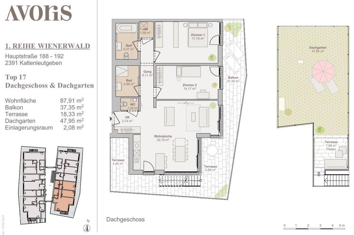 Detaillierter Grundriss einer Wohnung mit drei Zimmern, Balkon und Dachgarten.