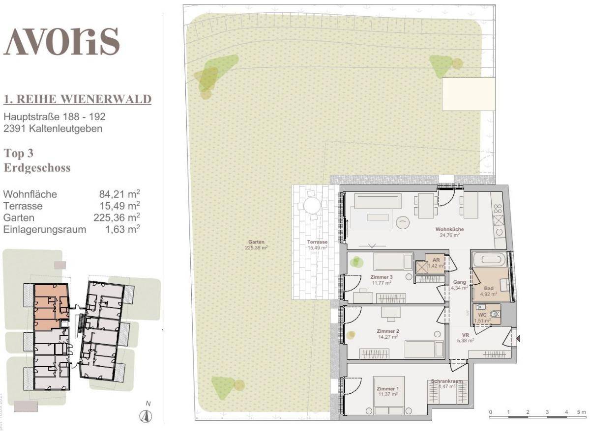 Grundriss einer Erdgeschosswohnung mit großem Garten, Terrasse und offenem Wohnbereich.