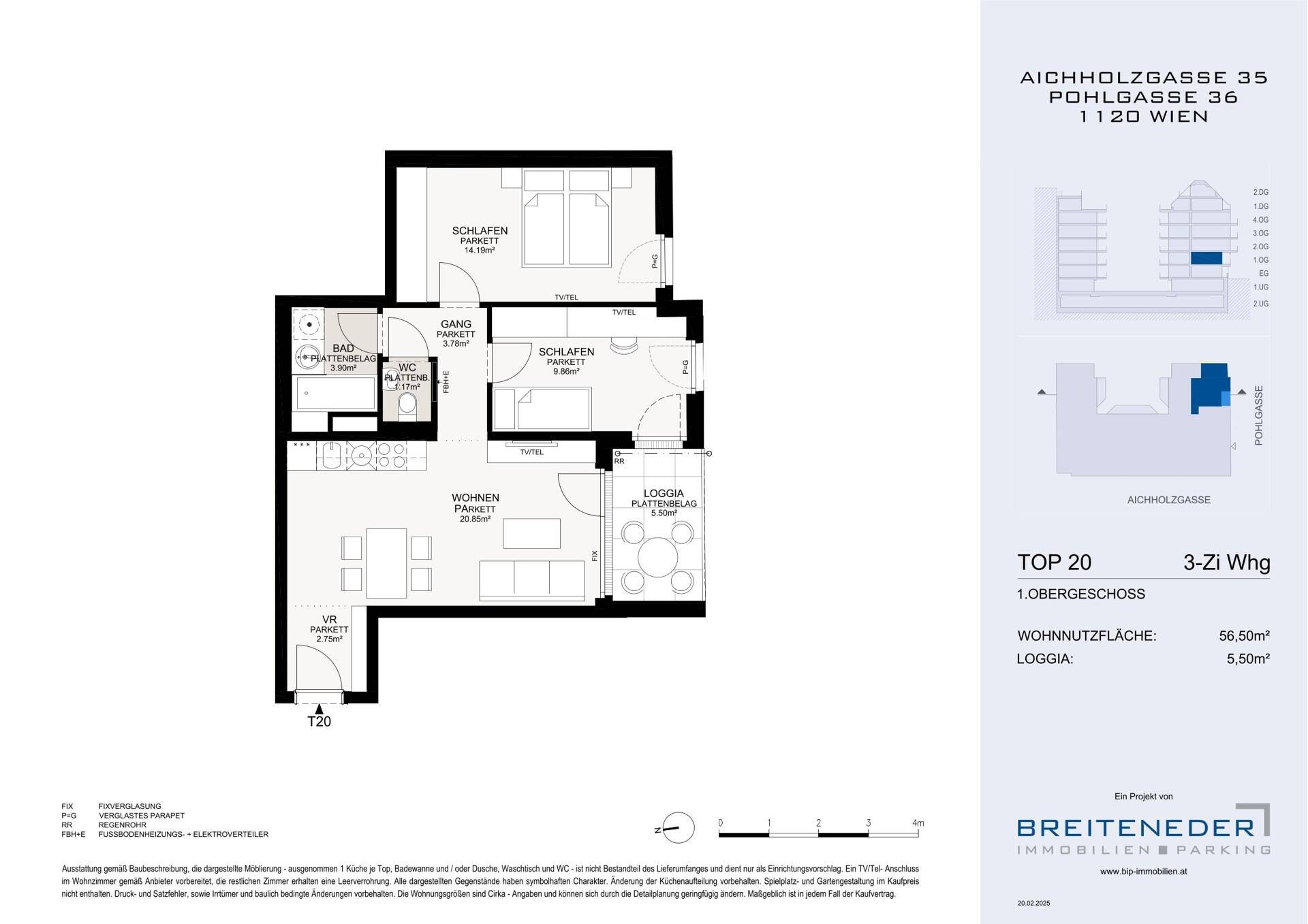 Grundriss einer 3-Zimmer-Wohnung mit Loggia, zwei Schlafzimmern und offenem Wohnbereich.