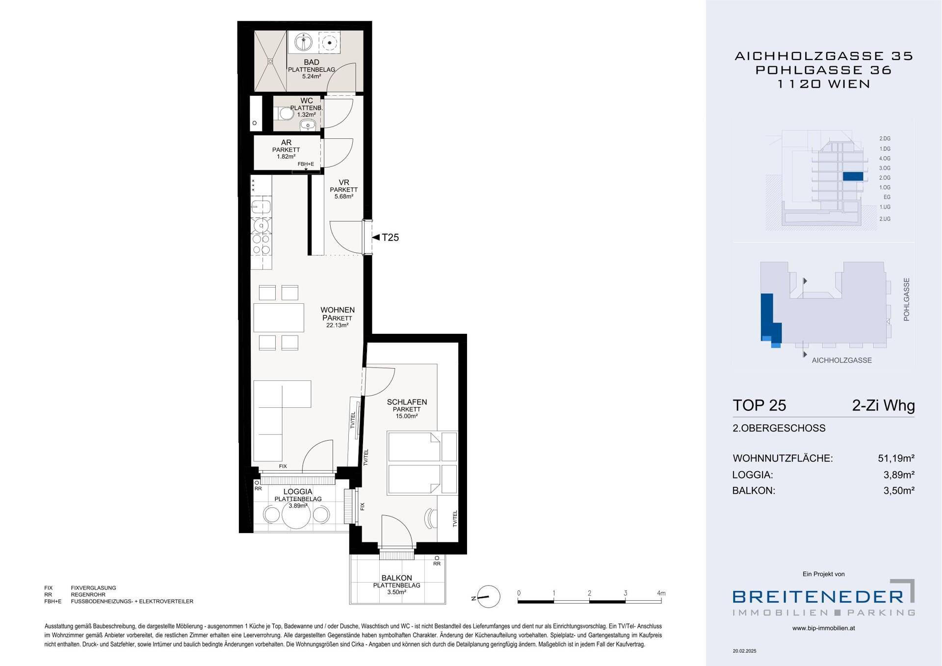 Grundriss einer 2-Zimmer-Wohnung im 2. Obergeschoss mit offenem Wohnbereich, Loggia und Balkon.