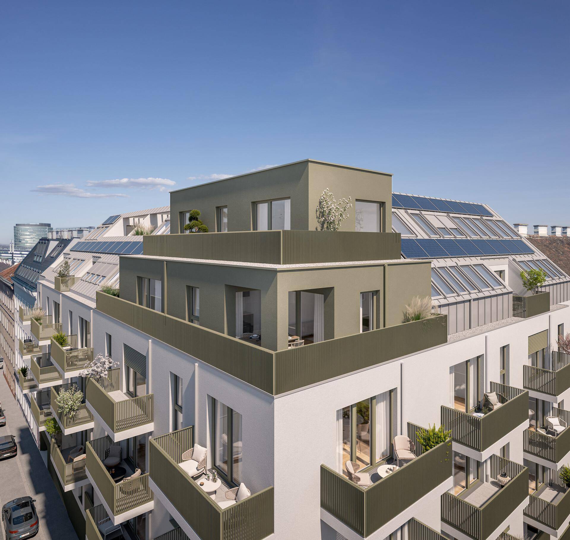 Moderne Wohnanlage mit gestaffelten Balkonen und Dachterrassen, ausgestattet mit Solarpaneelen.