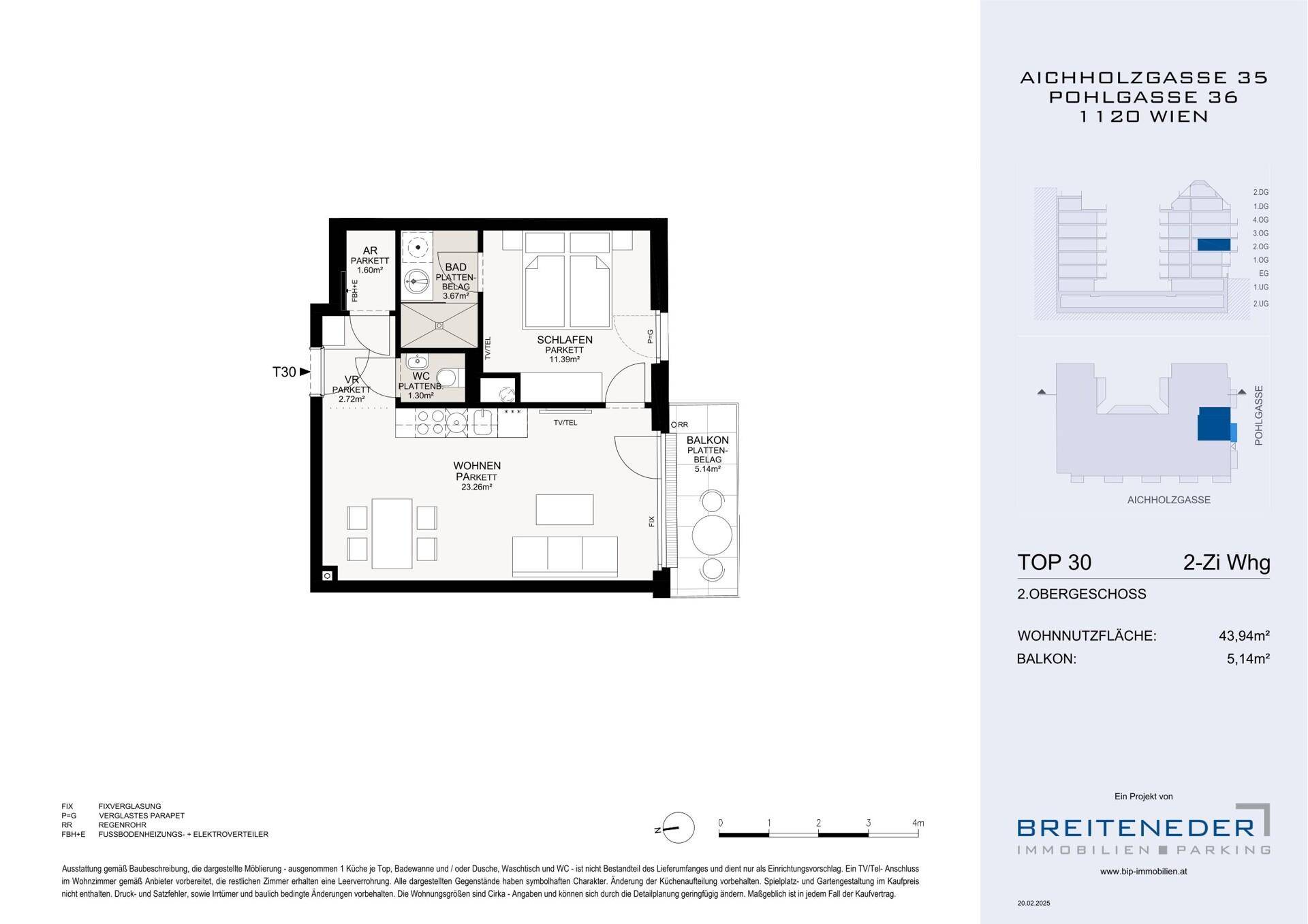 Grundriss einer 2-Zimmer-Wohnung im 2. Obergeschoss mit Balkon und offener Wohnküche.