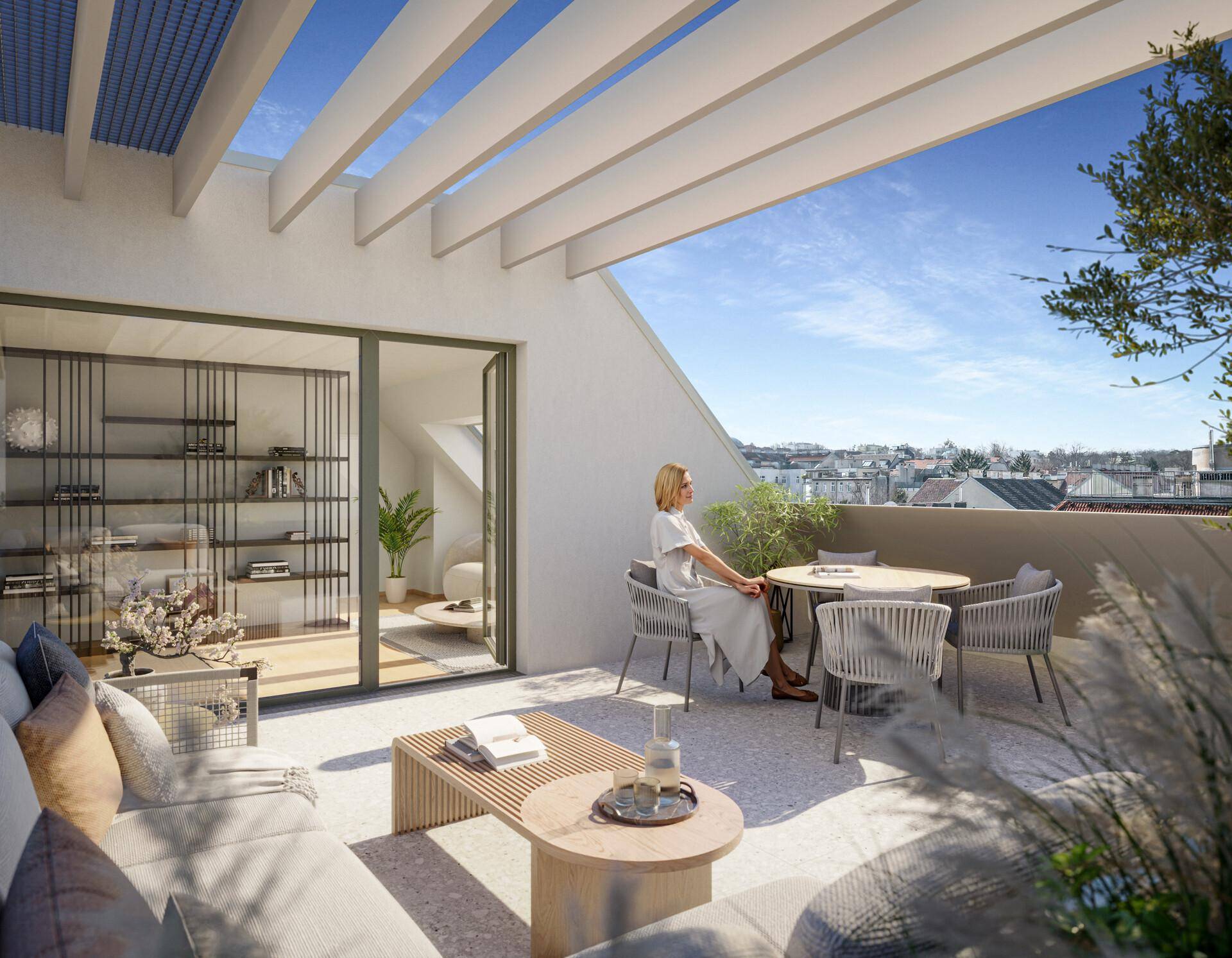 Geräumige Dachterrasse mit Loungemöbeln, Pergola und weitem Blick über die Stadt.