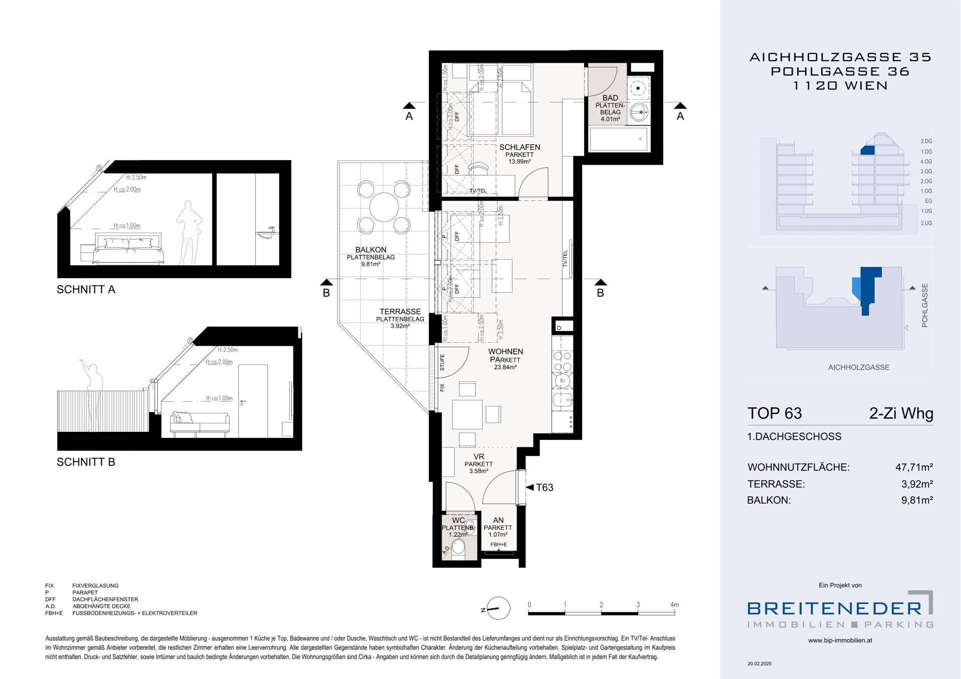 Detaillierter Grundriss einer 2-Zimmer-Wohnung mit Balkon und Terrasse, inklusive Schnittansichten.