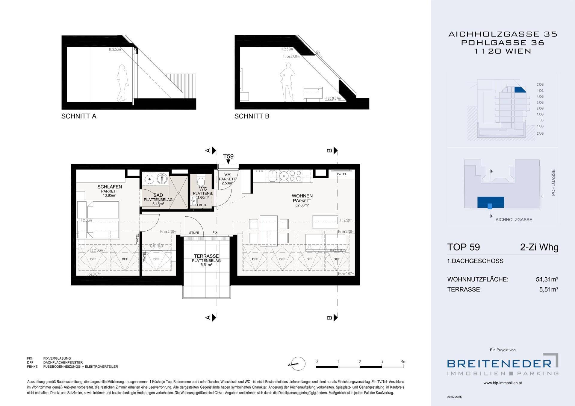 Grundriss einer 2-Zimmer-Wohnung mit Terrasse und Dachschrägen im 1. Dachgeschoss.