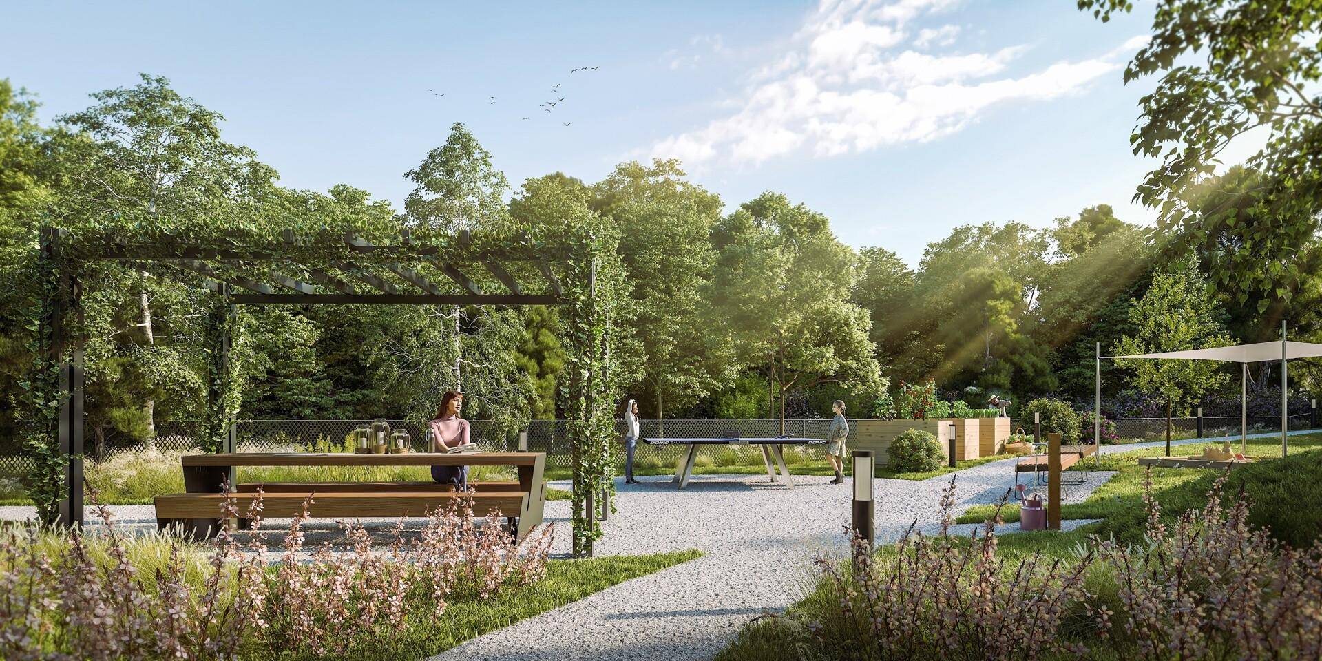 Gemeinschaftlicher Außenbereich mit Pergola, Picknicktisch, Tischtennisplatte und Hochbeeten im Grünen.
