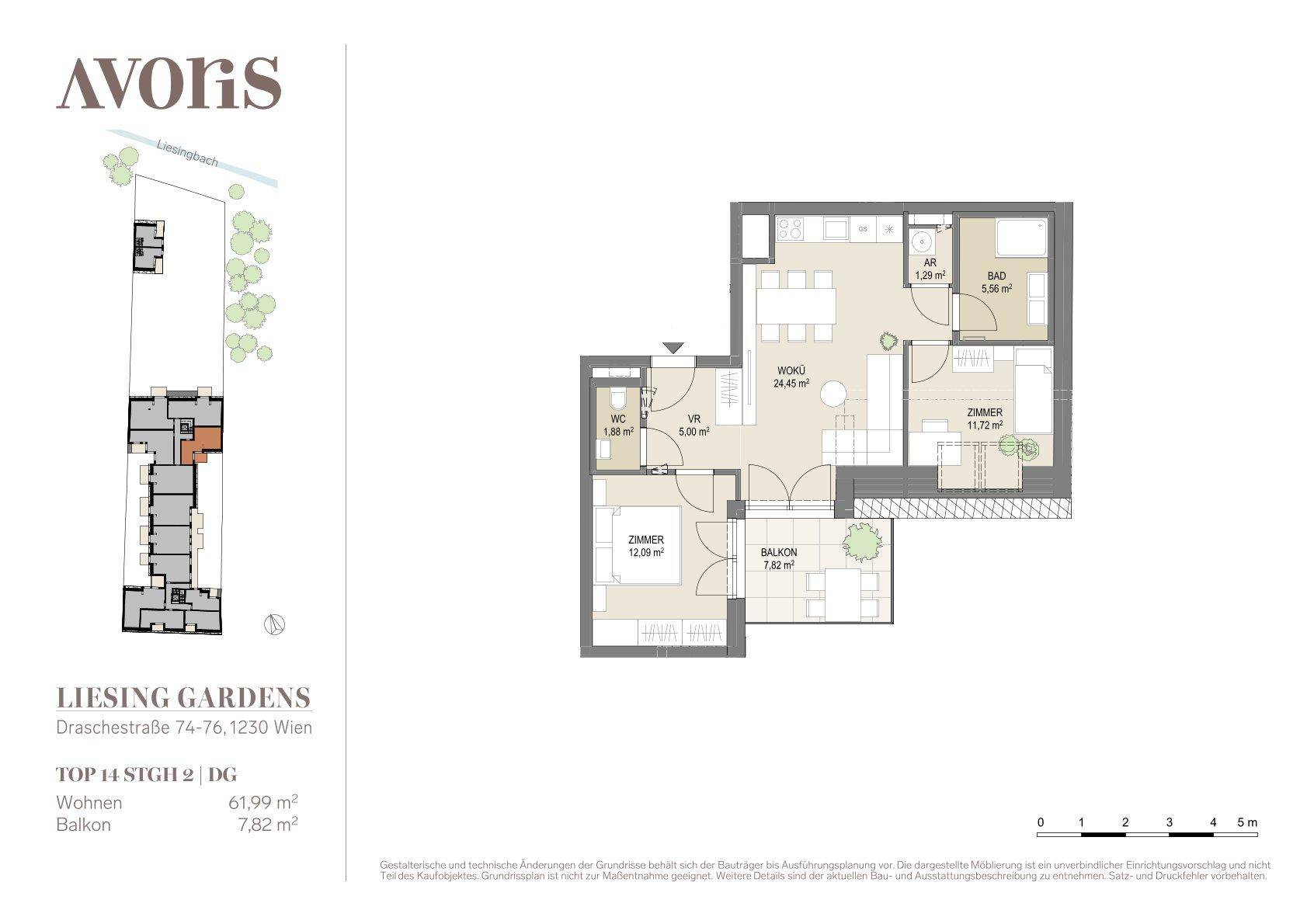 Detaillierter Grundriss einer Wohnung mit zwei Schlafzimmern, offenem Wohnbereich und Balkon.